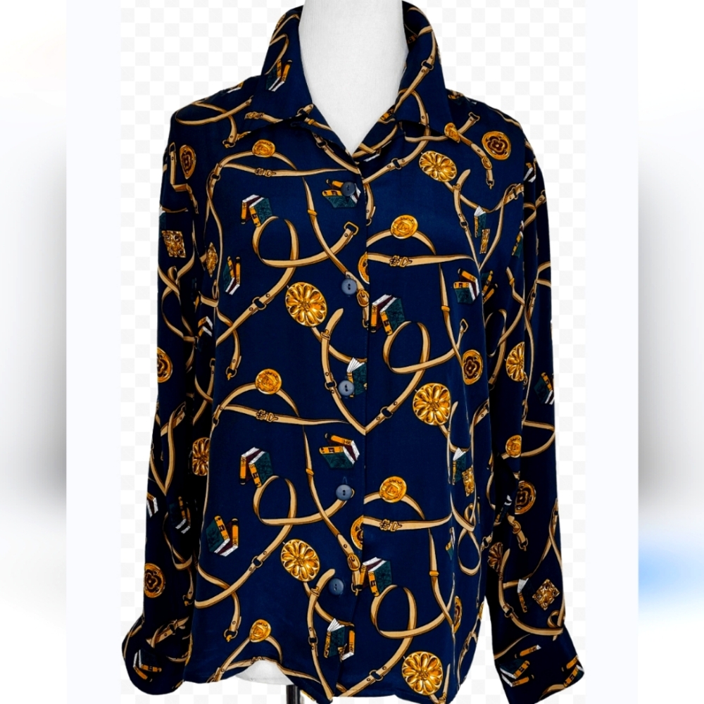 Woman's Sz Medium Silk Blouse Navy Blue Gold Pattern button down lord & taylor